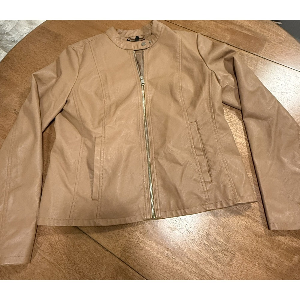 Baccini Women's Medium Camel Tan Faux Leather Moto Jacket